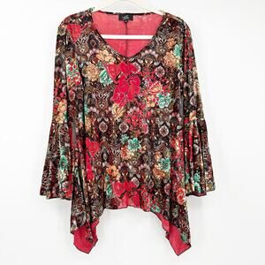 LM London Muse Womens Lagenlook Dark Flare Sleeve Velvet Burnout Floral Blouse M